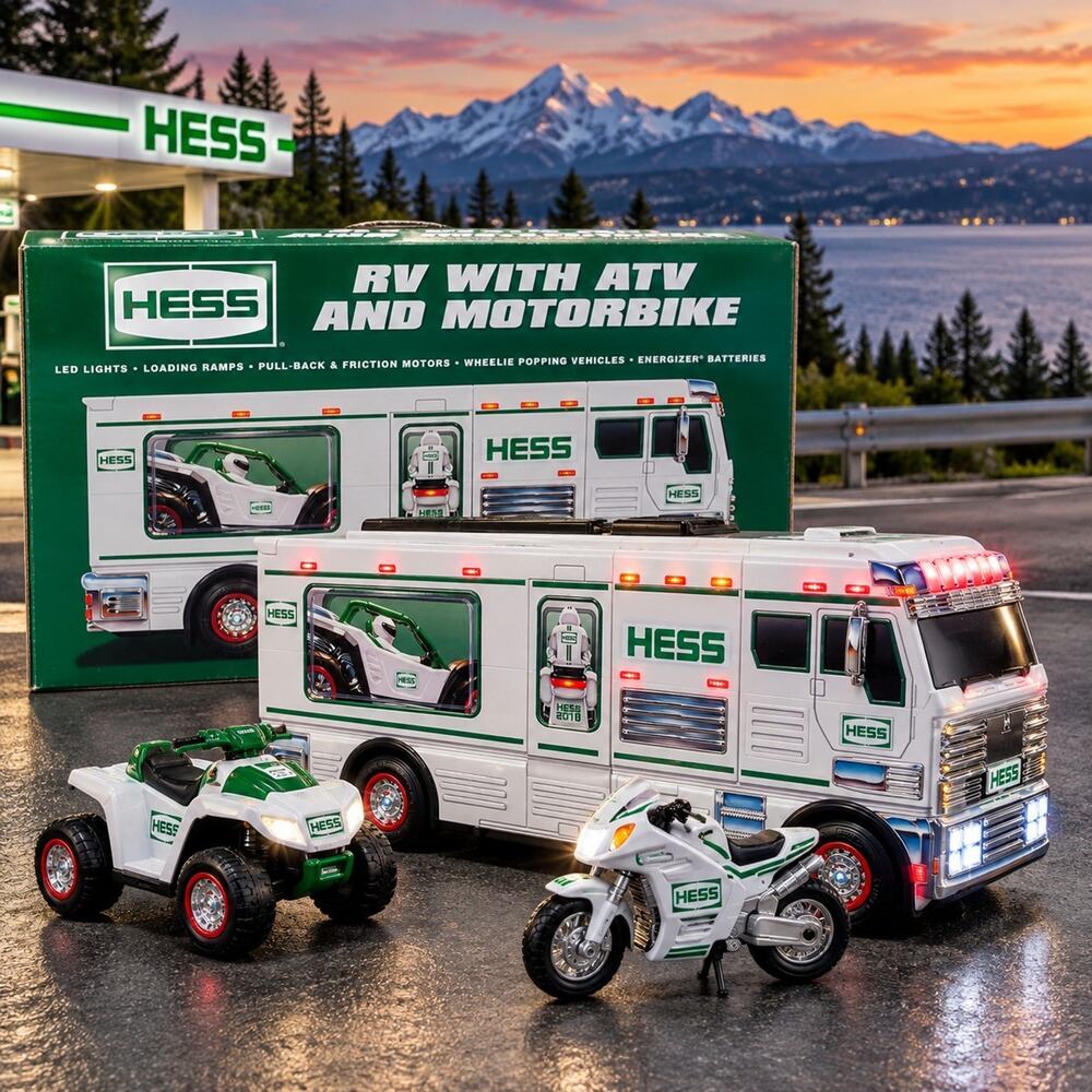 Hess 2018 Toy Truck RV with ATV and Motorbike Lights Loading Ramp New